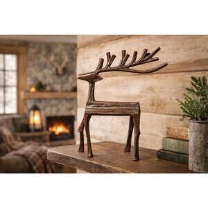 Vintage 1970s Brutalist Cast Metal Brown Deer Figurine Sculpture, 11x12”